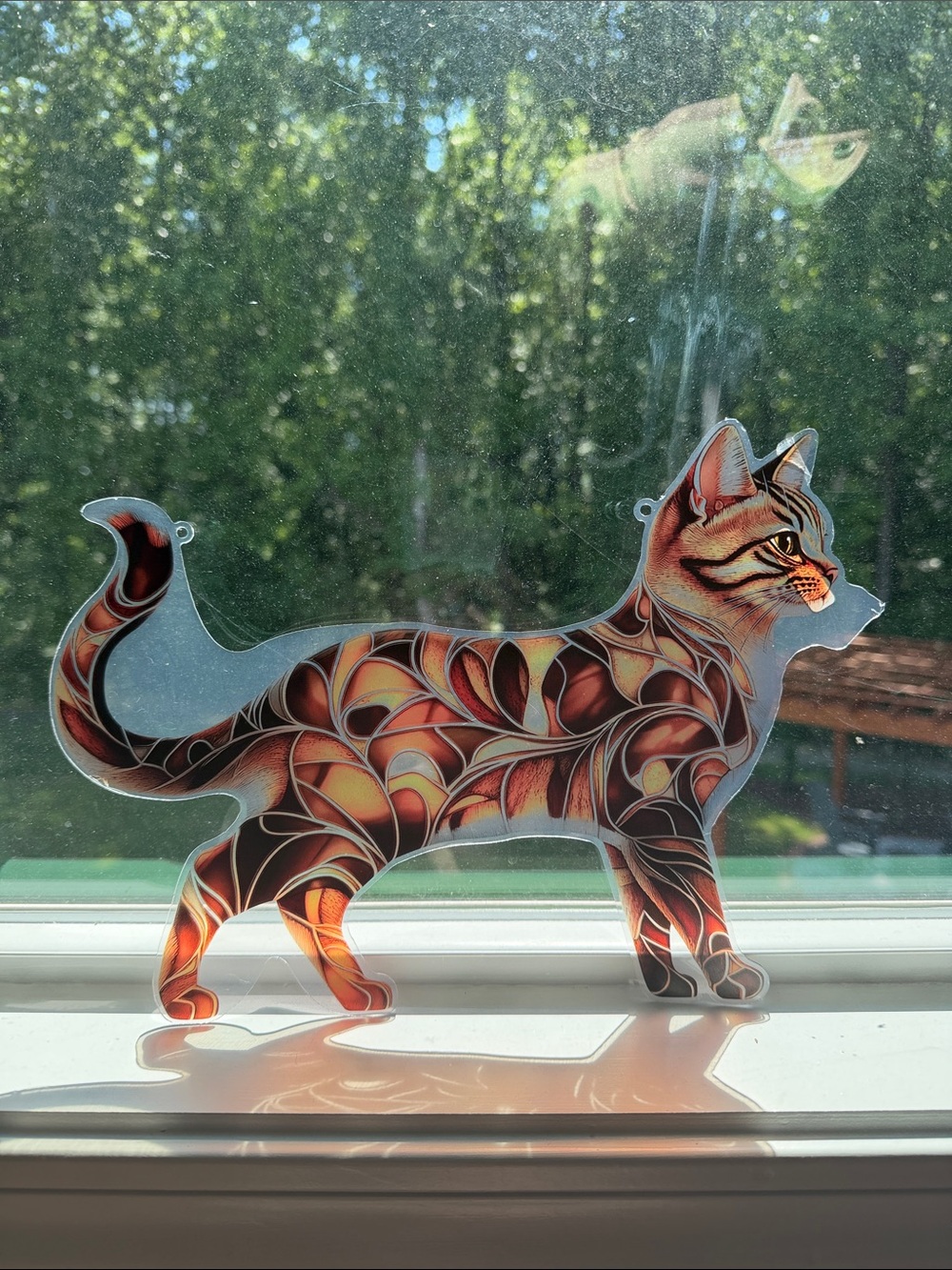 Decorative Cat Window Suncatcher - Orange Brown Stained-Glass Style